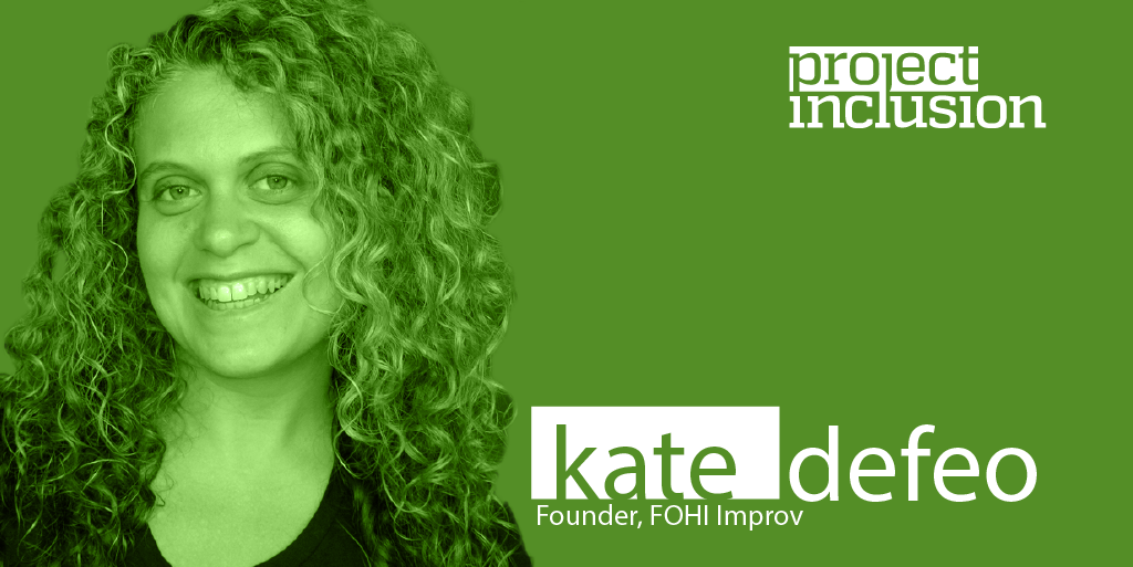 A portrait of Kate DeFeo in a duotone green, with Project Inclusion white type on it
