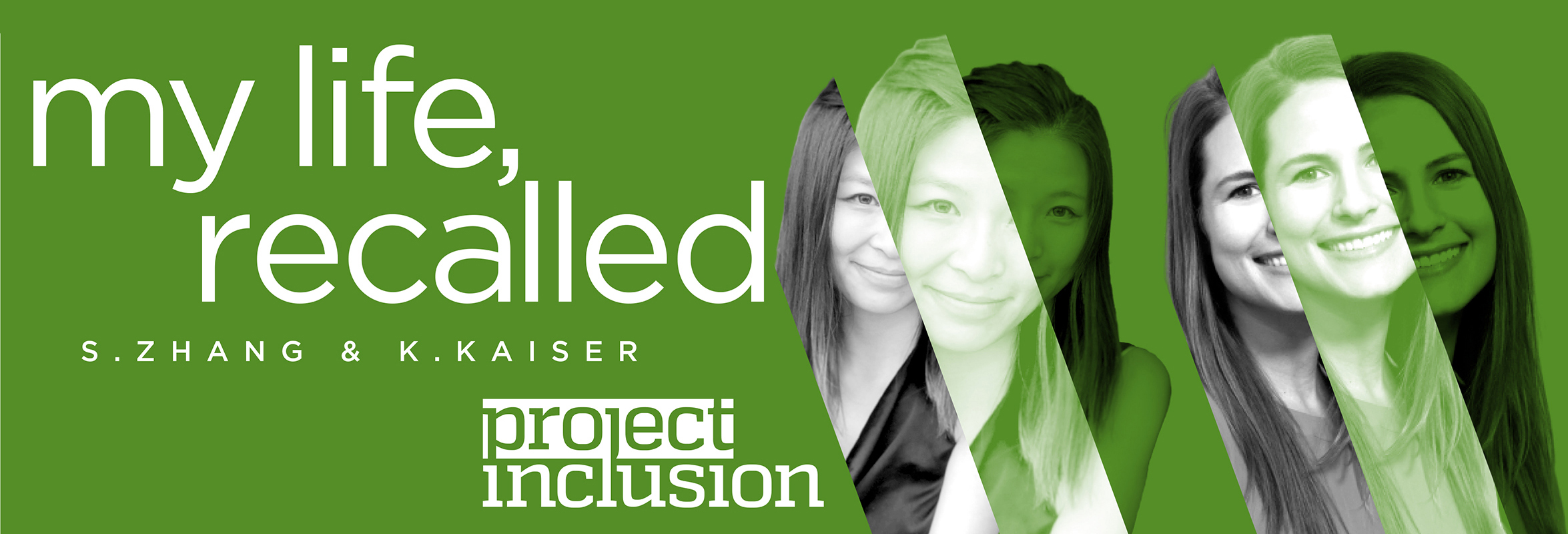 Green banner "my life recalled" with portraits of Sharon and kristie sliced diagonally for a graphic effect.