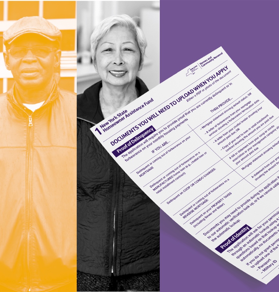 Vertical color bars in yellow, black and white and purple, which photos of NYS homeowners on each bar. A form to apply for the NYS Homeowners Assistance Fund on top of it diagonnaly