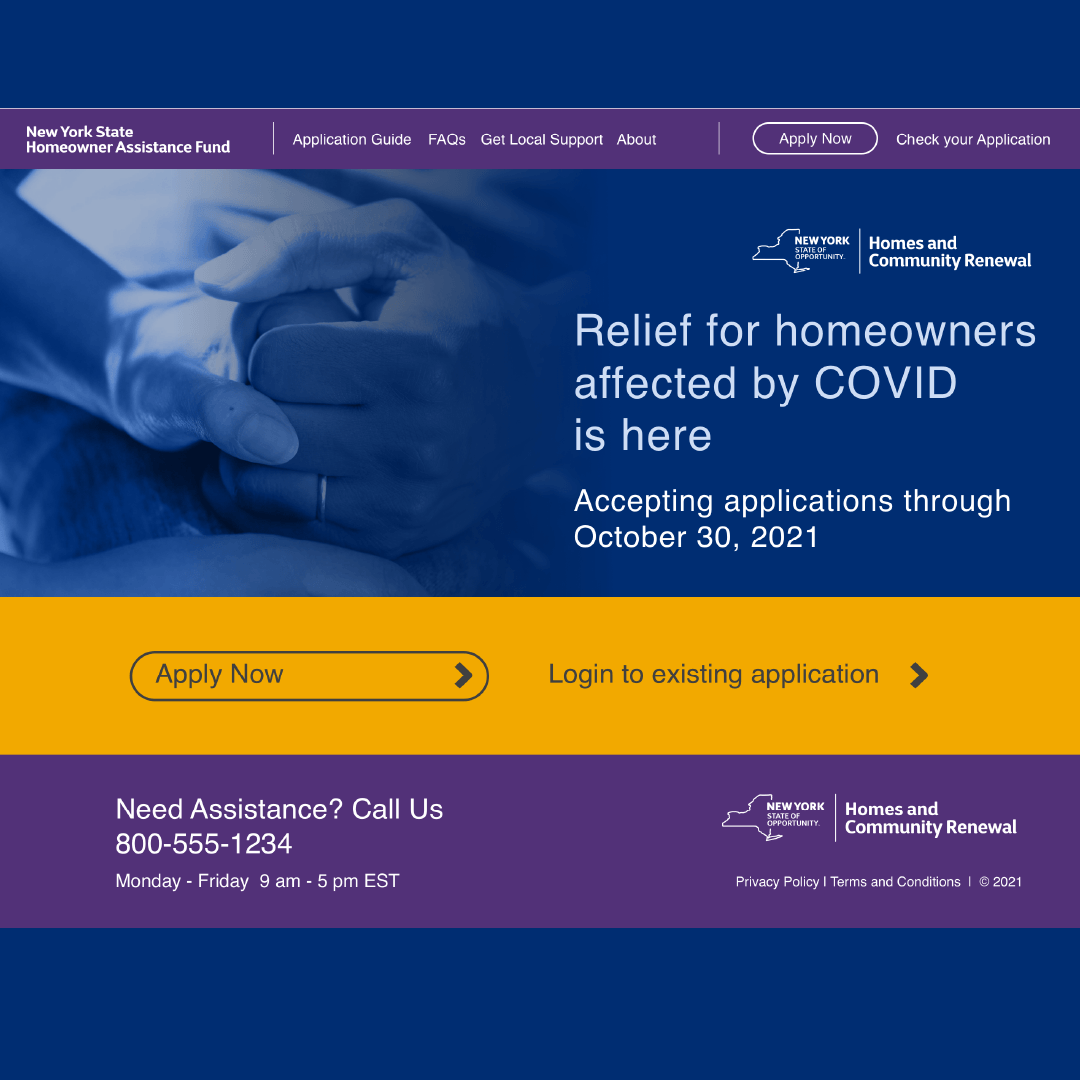 Screenshot of the homepage of the NYS Homeowners Assitance Fund which is dark blue, shows holding hands in blue duotone and a yellow bar with buttons to apply