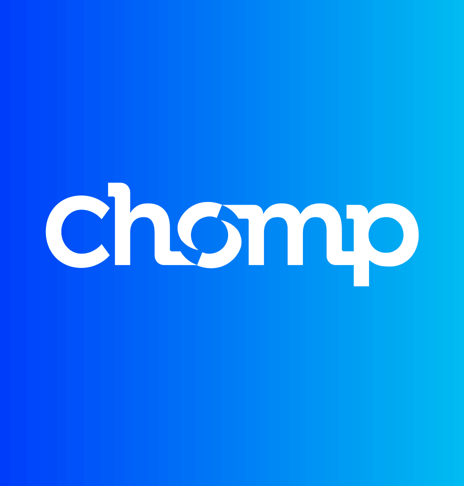 gradient from deep blue to sky blue with the Chomp logo drawn in white over it