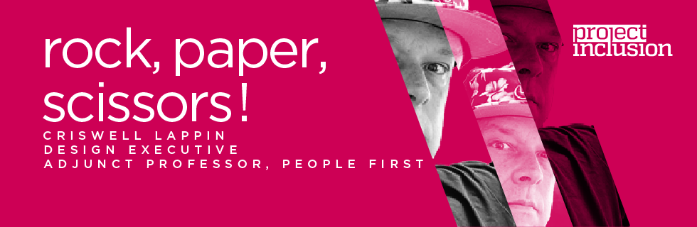 fucsia background with the words rock paper scissors! in white and criswell lappin's name and a b/w photo with diagonal slices