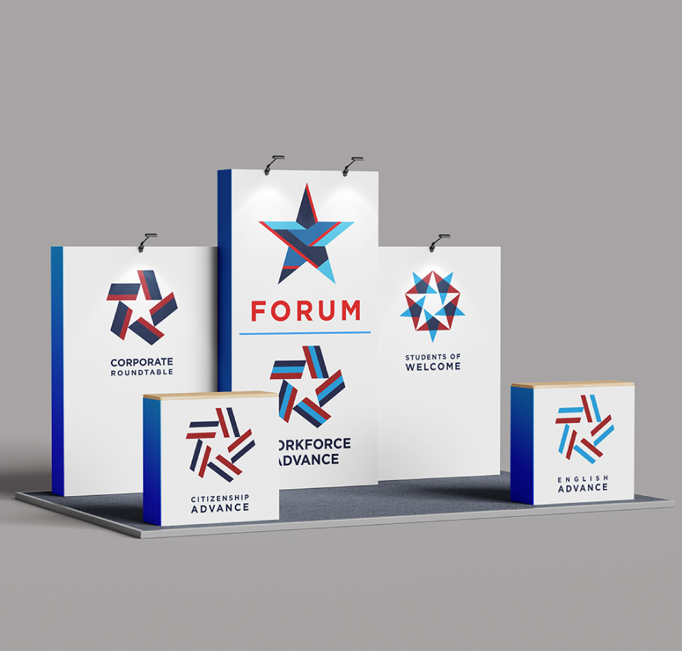 5 stands white background showing the new logo for The Forum, andthe logos of the 5 sub-brands