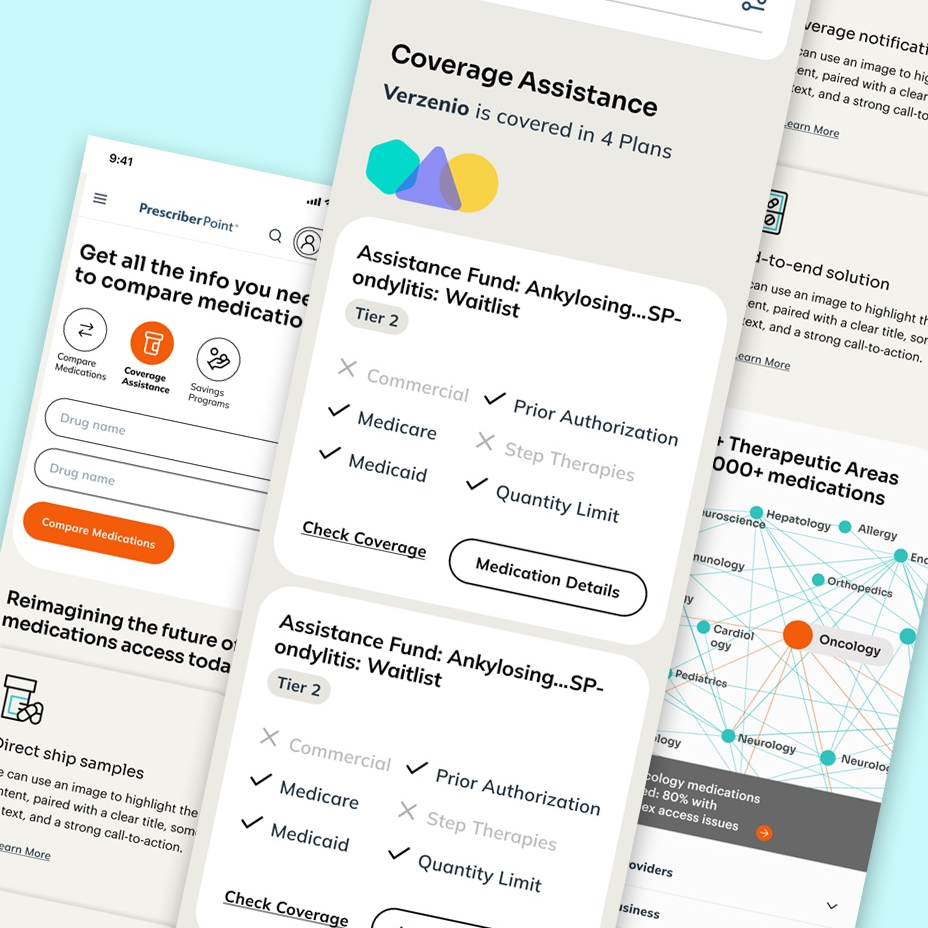 3 stacked mobile screens for the prescriberpoint website. light gray background big orange buttons